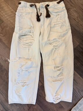 We The Free Free People Moxie Barrel Jeans Distressed White Drawstring